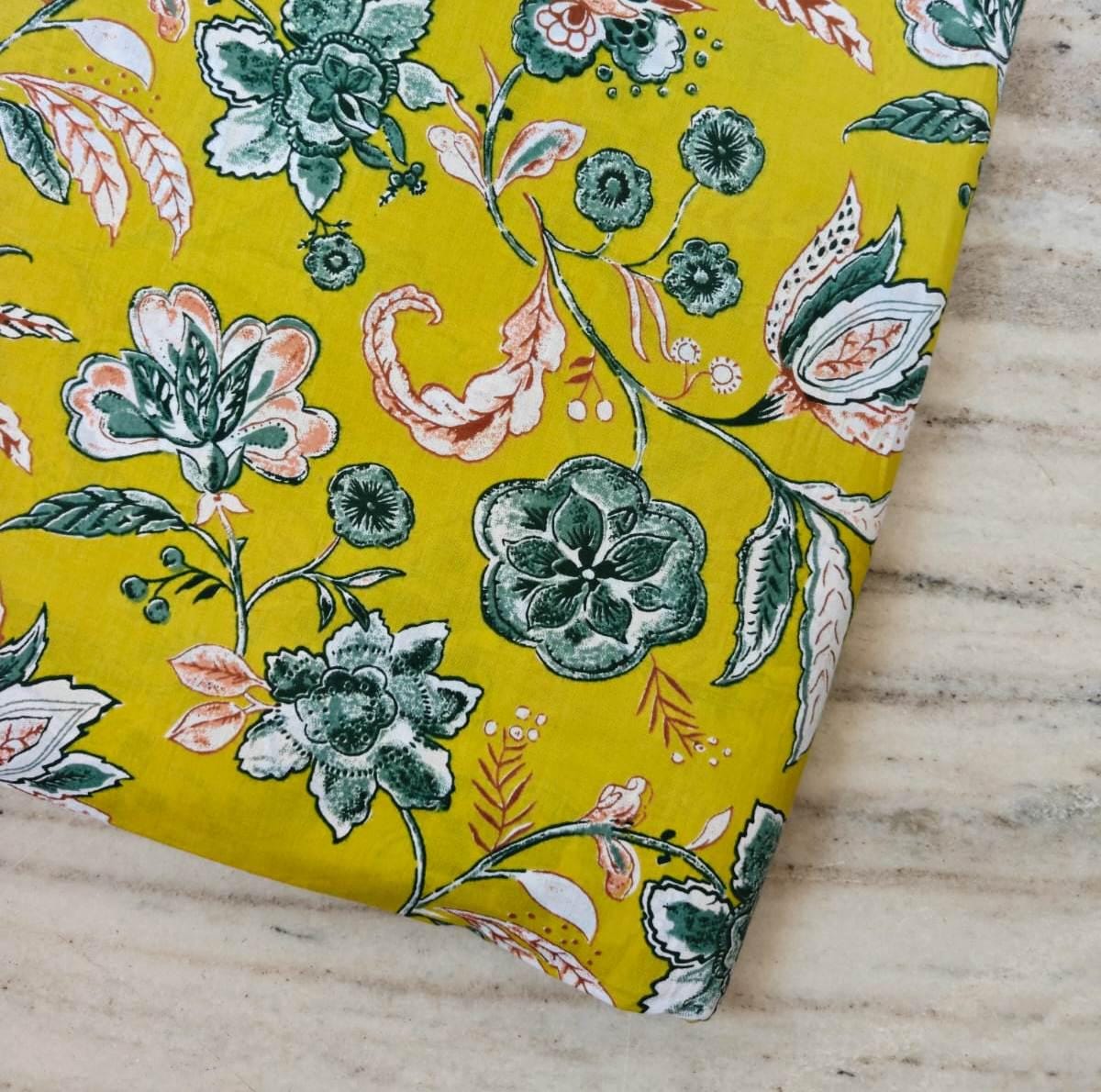 Yellow Floral Cotton Fabric by the Yard, Botanical Print Fabric, Indian Block Print Cotton, Sewing Fabric, Quilting, Dressmaking Decor