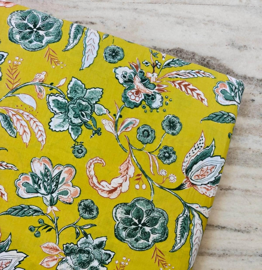 Yellow Floral Cotton Fabric by the Yard, Botanical Print Fabric, Indian Block Print Cotton, Sewing Fabric, Quilting, Dressmaking Decor