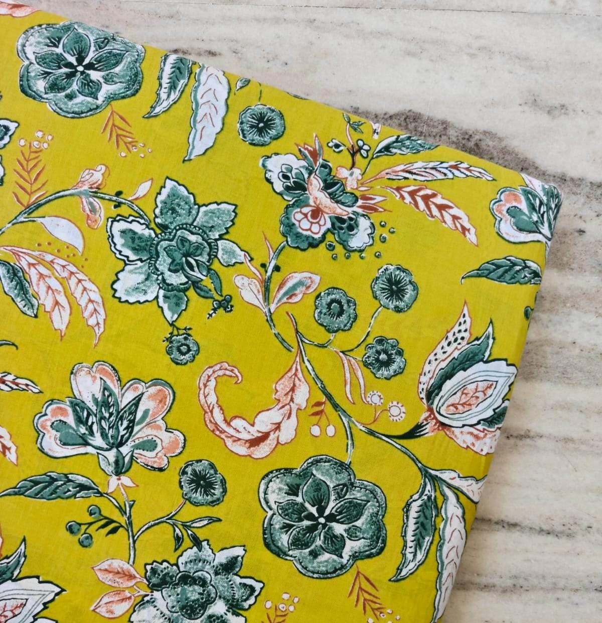 Yellow Floral Cotton Fabric by the Yard, Botanical Print Fabric, Indian Block Print Cotton, Sewing Fabric, Quilting, Dressmaking Decor