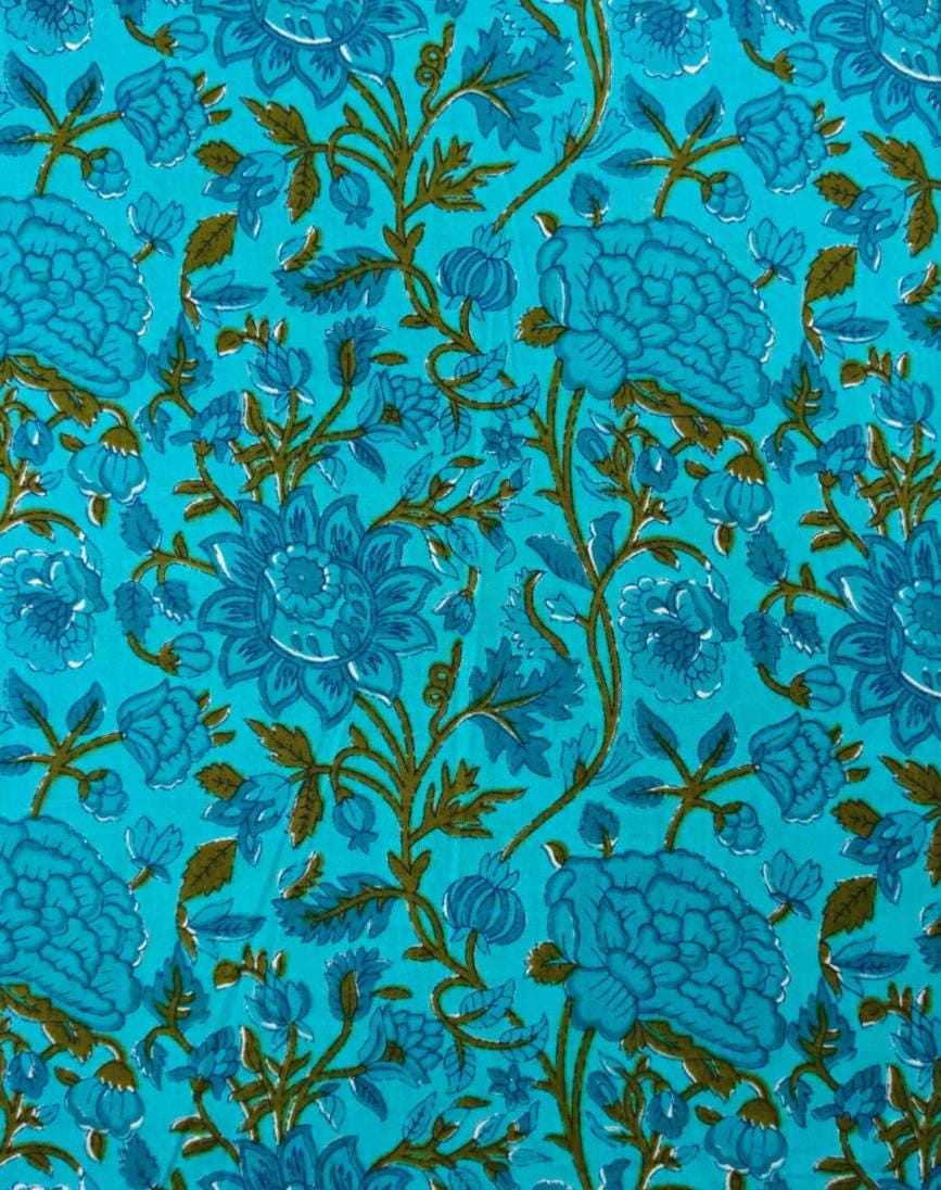 Turquoise Blue Floral Cotton Fabric by the Yard Indian Block Print Fabric Botanical Cotton Fabric Quilting Sewing Craft Dressmaking Fabric