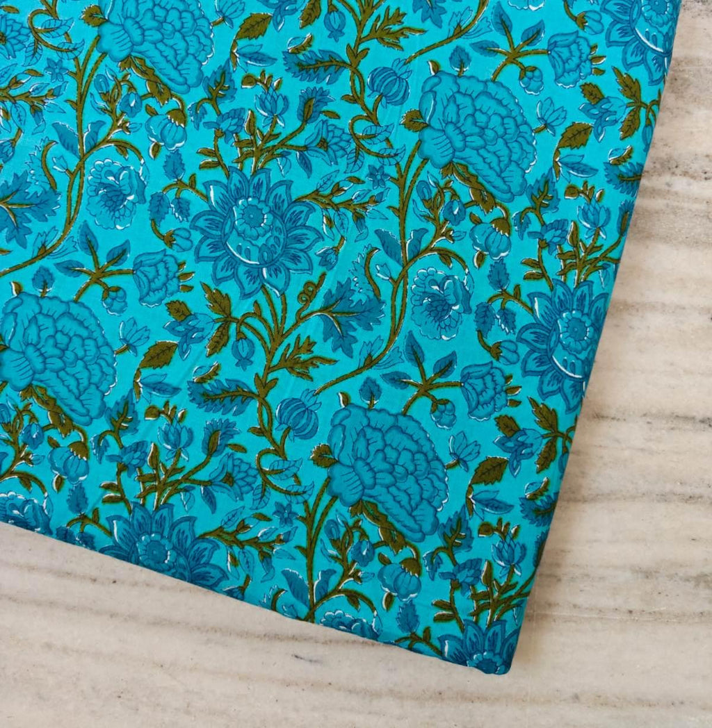 Turquoise Blue Floral Cotton Fabric by the Yard Indian Block Print Fabric Botanical Cotton Fabric Quilting Sewing Craft Dressmaking Fabric