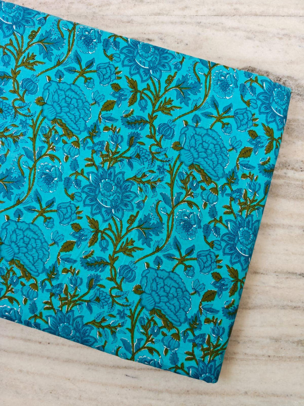 Turquoise Blue Floral Cotton Fabric by the Yard Indian Block Print Fabric Botanical Cotton Fabric Quilting Sewing Craft Dressmaking Fabric