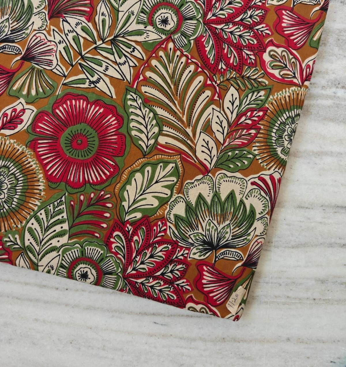 Mustard Floral Cotton Fabric by the Yard Indian Block Print Fabric Botanical Cotton Fabric Vintage Flower Fabric for Quilting, Dressmaking