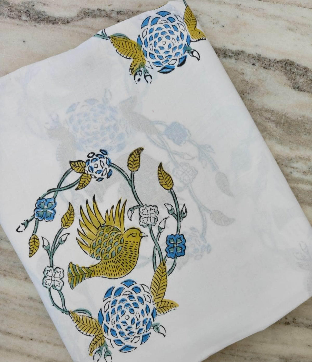 White Cotton Fabric by the Yard, Bird Floral Block Print Fabric, Indian Hand Block Print Cotton, Botanical Fabric for Sewing, Dressmaking