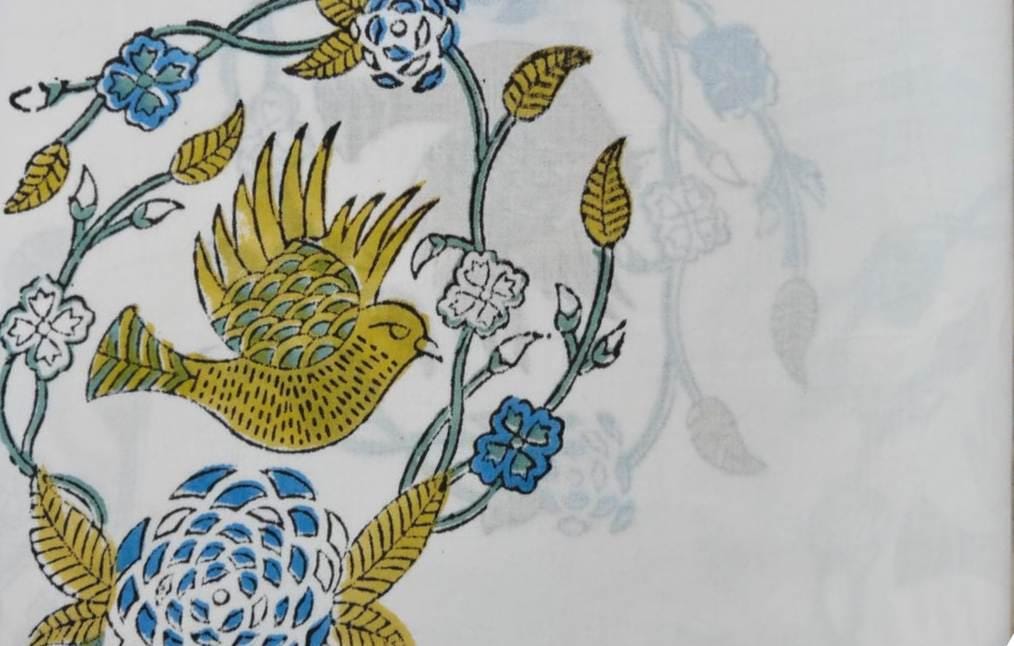 White Cotton Fabric by the Yard, Bird Floral Block Print Fabric, Indian Hand Block Print Cotton, Botanical Fabric for Sewing, Dressmaking