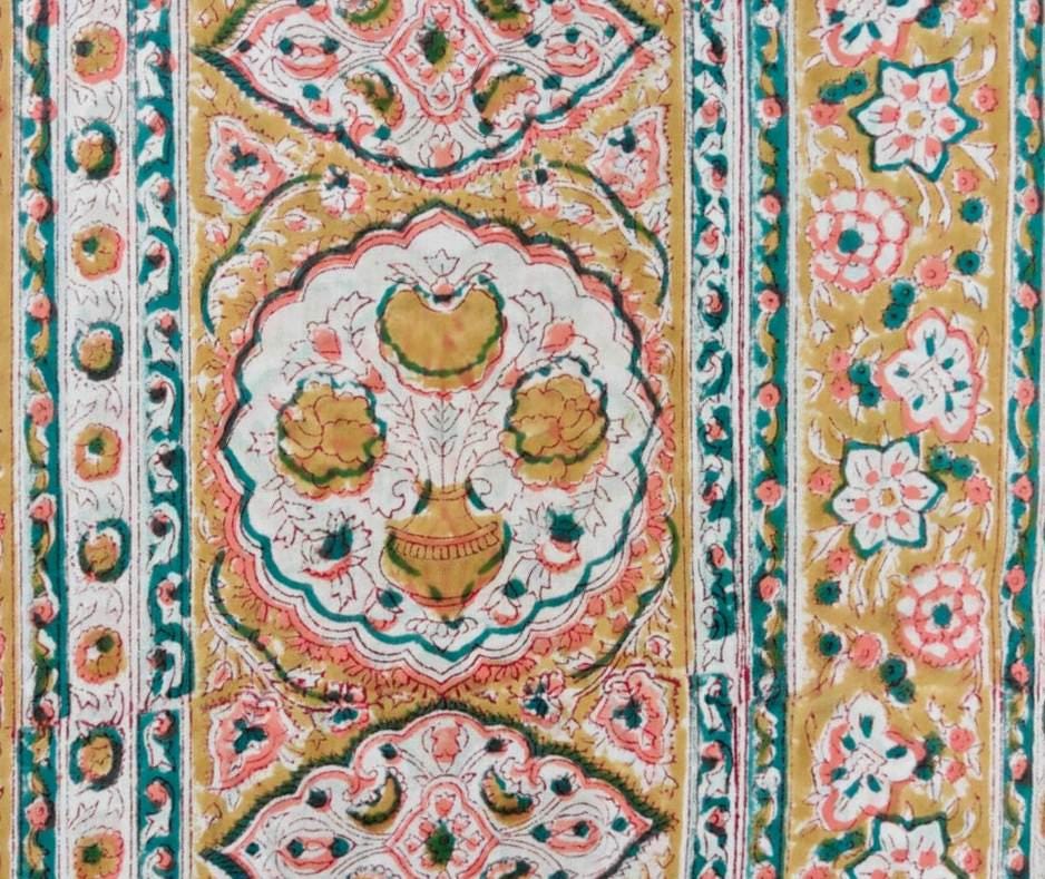 Mustard Floral Block Print Cotton Fabric by the Yard, Indian Hand Block Print Fabric, Paisley Cotton Textile for Sewing, Quilting & Craft