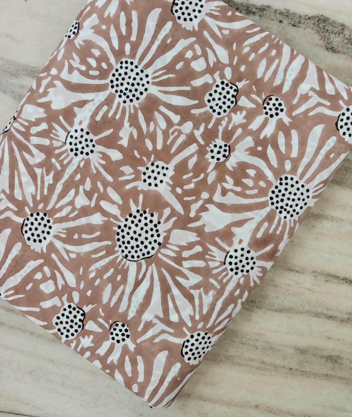 Beige Floral Cotton Fabric by the Yard, Hand Block Print Cotton Fabric, Daisy Flower Fabric for Sewing, Quilting, Dresses & Home Decor