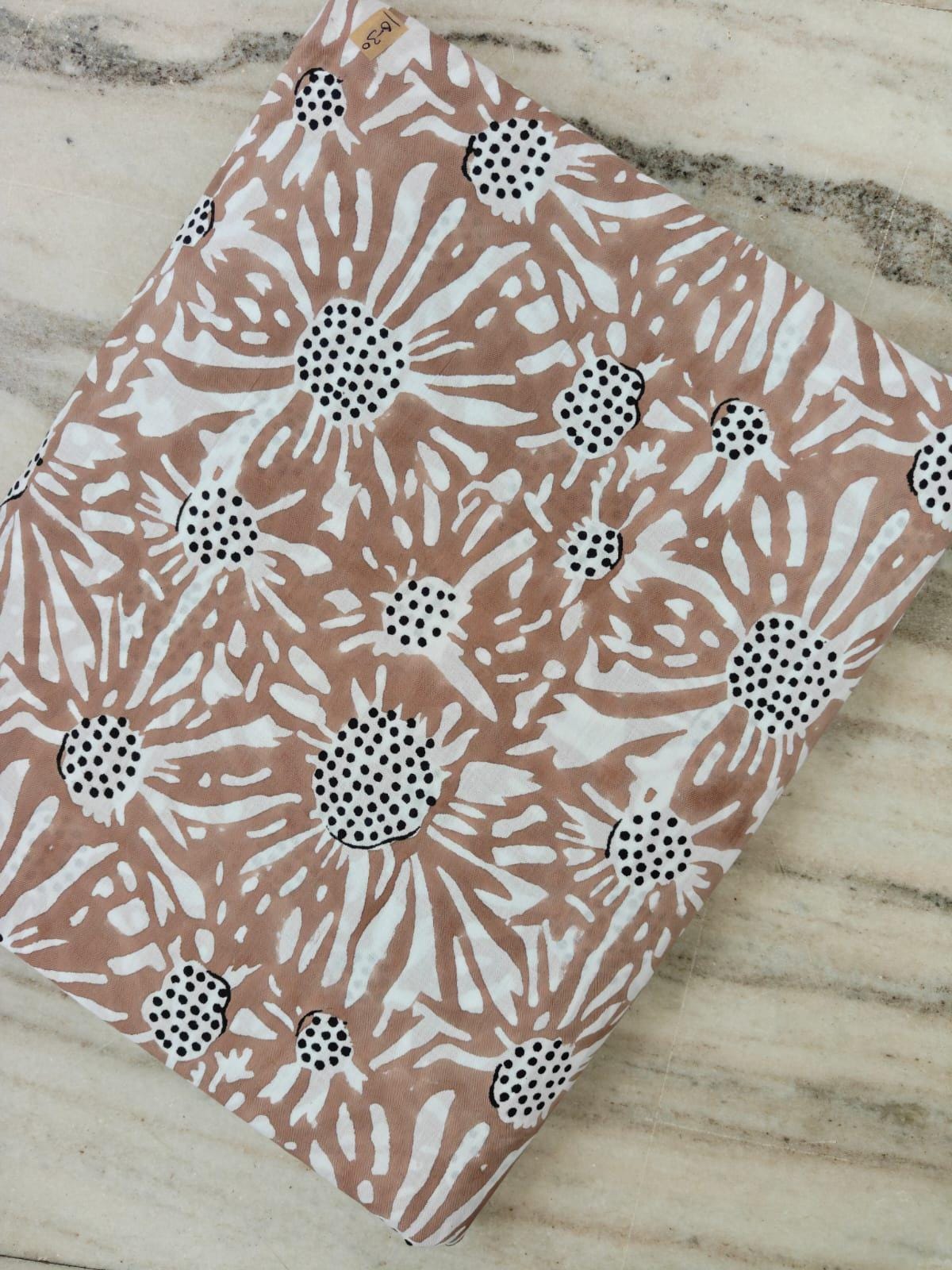 Beige Floral Cotton Fabric by the Yard, Hand Block Print Cotton Fabric, Daisy Flower Fabric for Sewing, Quilting, Dresses & Home Decor