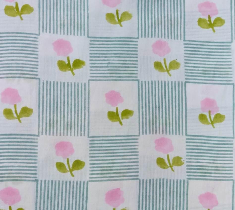 Pink Floral Cotton Fabric by the Yard, Blue Stripe Check Cotton Fabric, Cute Flower Print Fabric for Quilting, Sewing, Baby Crafts Fabric