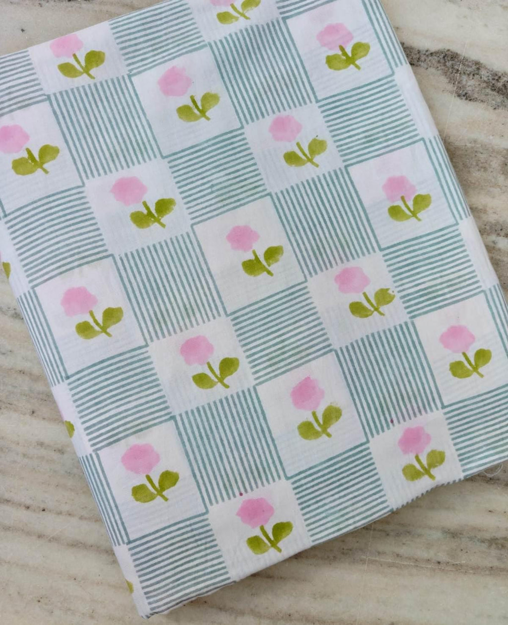 Pink Floral Cotton Fabric by the Yard, Blue Stripe Check Cotton Fabric, Cute Flower Print Fabric for Quilting, Sewing, Baby Crafts Fabric