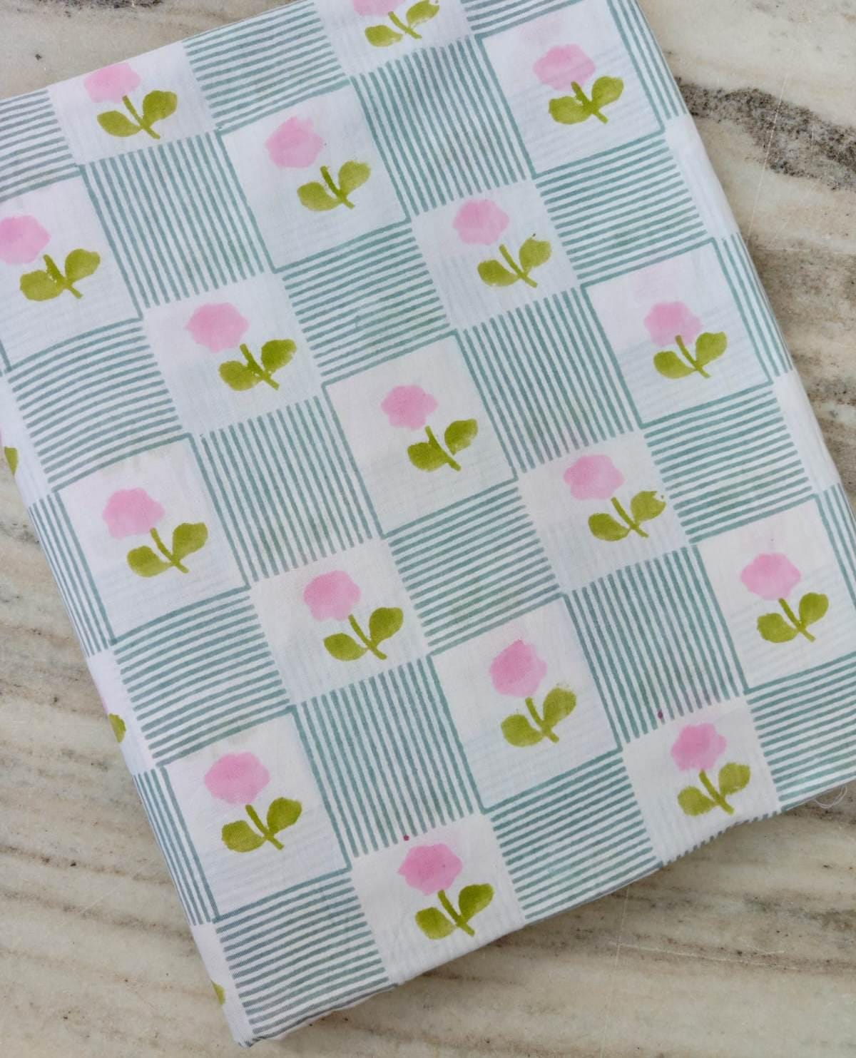 Pink Floral Cotton Fabric by the Yard, Blue Stripe Check Cotton Fabric, Cute Flower Print Fabric for Quilting, Sewing, Baby Crafts Fabric