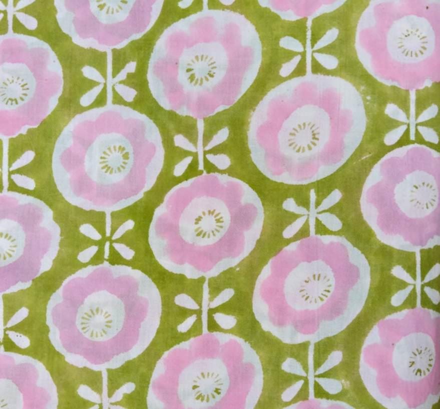 Pink Green Color Indian Hand Block Print Fabric, Floral 100% Cotton Quilting Fabric By The Yard, Dressmaking Fabric, Napkins Loose Fabric