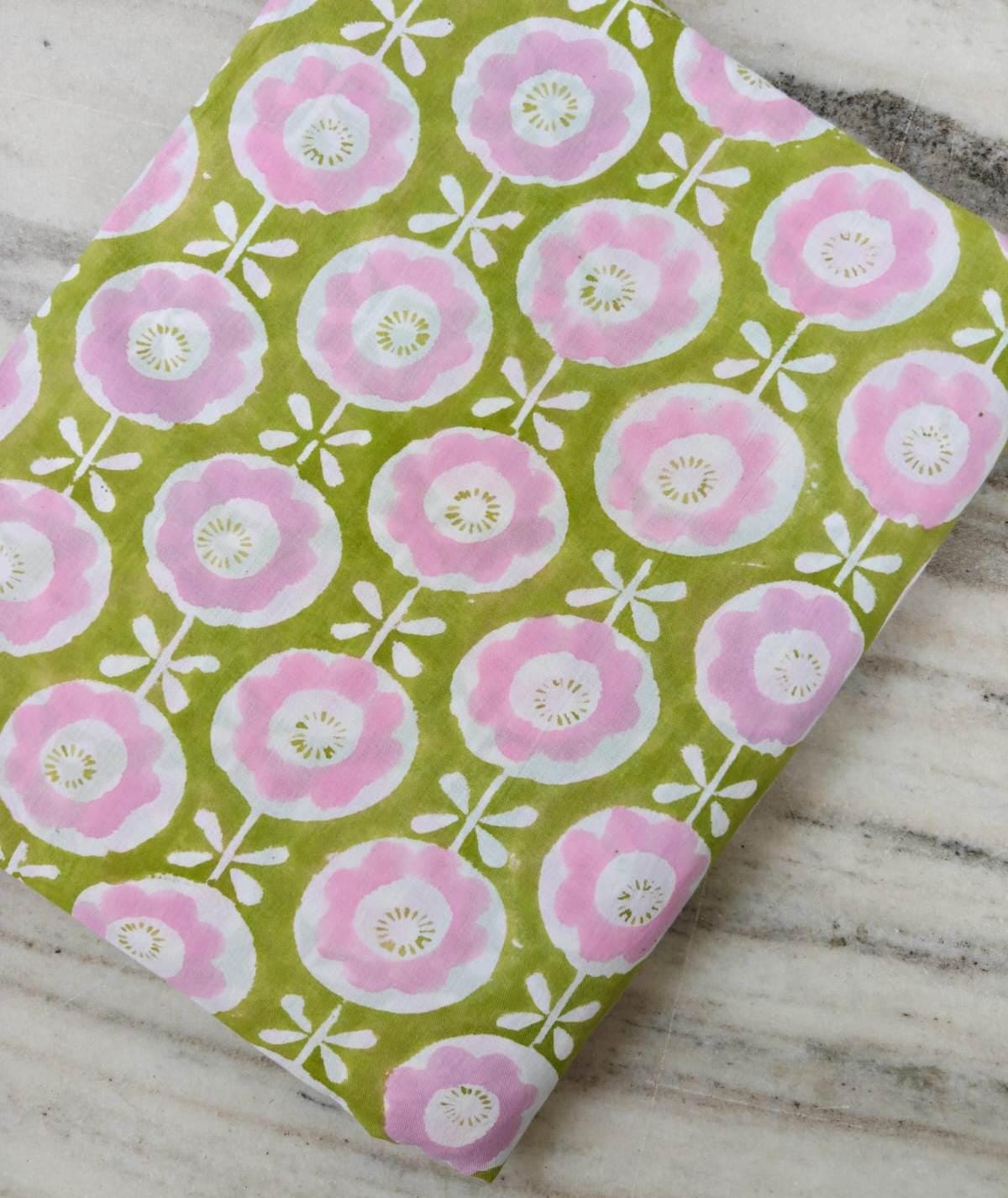 Pink Green Color Indian Hand Block Print Fabric, Floral 100% Cotton Quilting Fabric By The Yard, Dressmaking Fabric, Napkins Loose Fabric