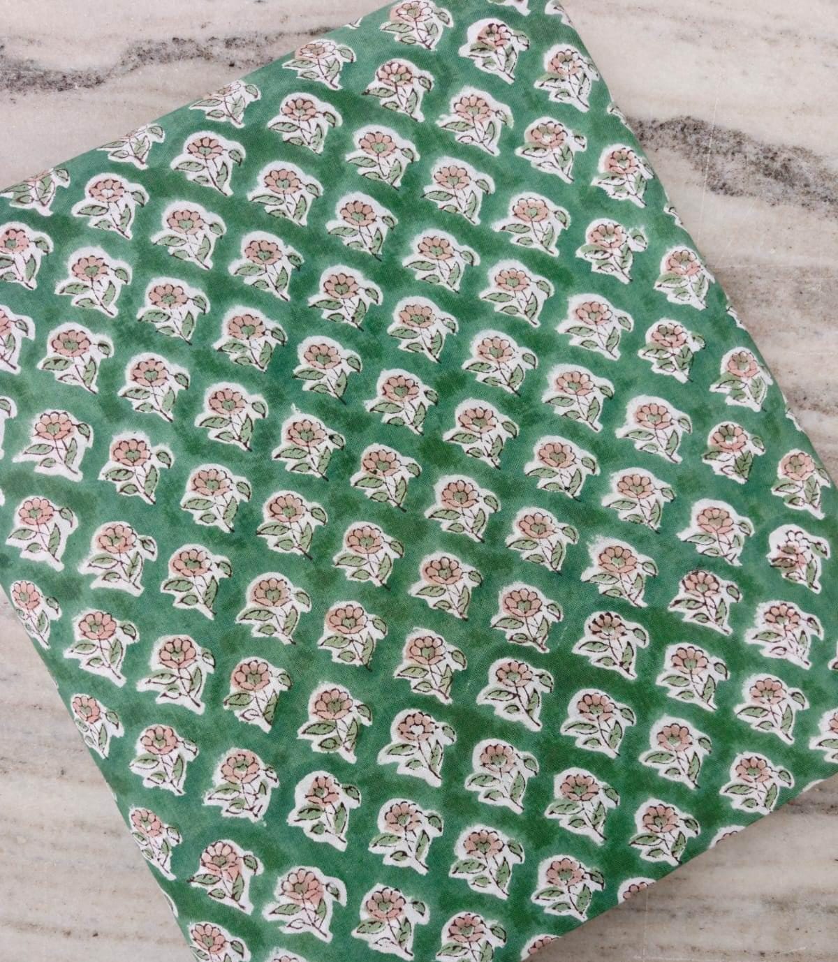 Green Hand Block Print Cotton Fabric by the Yard, Floral Indian Cotton Fabric, Botanical Print Fabric, Quilting Sewing Dressmaking Fabric