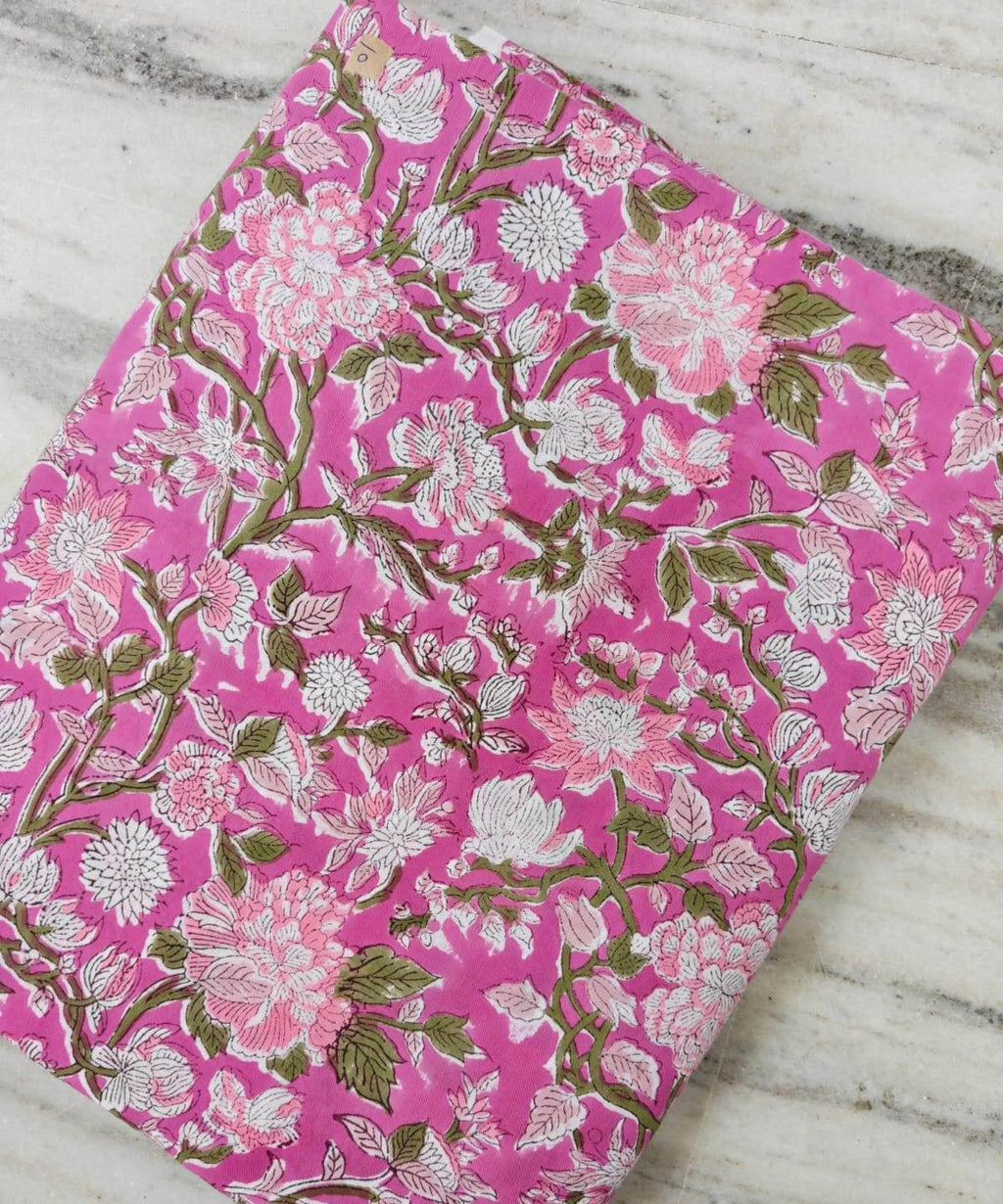 Hot Pink Floral Vine Cotton Fabric by the Yard, Indian Hand Block Print Fabric, White Blossom Botanical Fabric, Olive Green Leaves Fabric