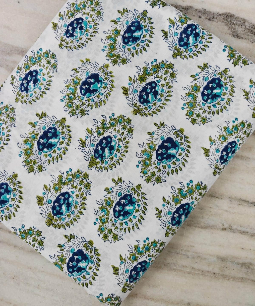 White Blue Green Floral Buta Print Cotton Fabric by the Yard, Indian Hand Block Print Cotton Fabric, Paisley Design Fabric for Dressmaking