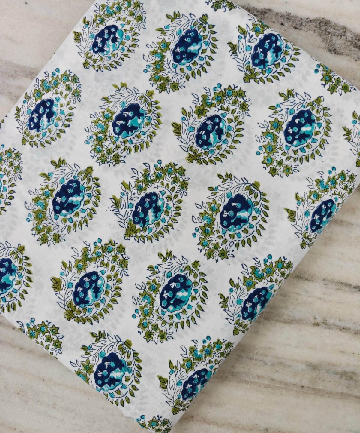 White Blue Green Floral Buta Print Cotton Fabric by the Yard, Indian Hand Block Print Cotton Fabric, Paisley Design Fabric for Dressmaking