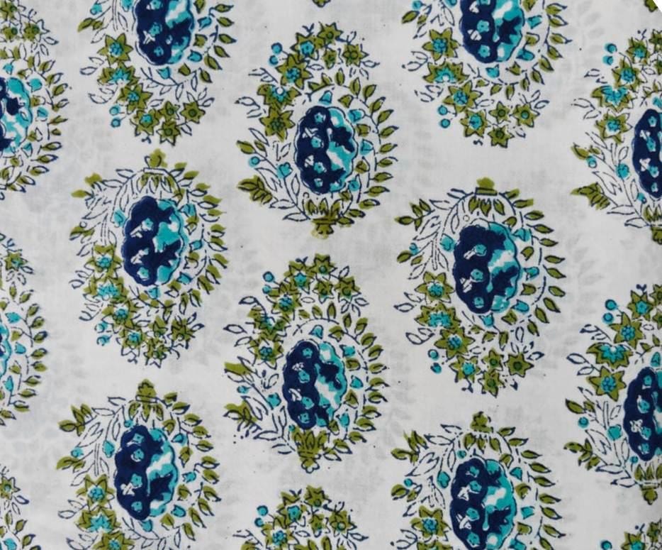 White Blue Green Floral Buta Print Cotton Fabric by the Yard, Indian Hand Block Print Cotton Fabric, Paisley Design Fabric for Dressmaking