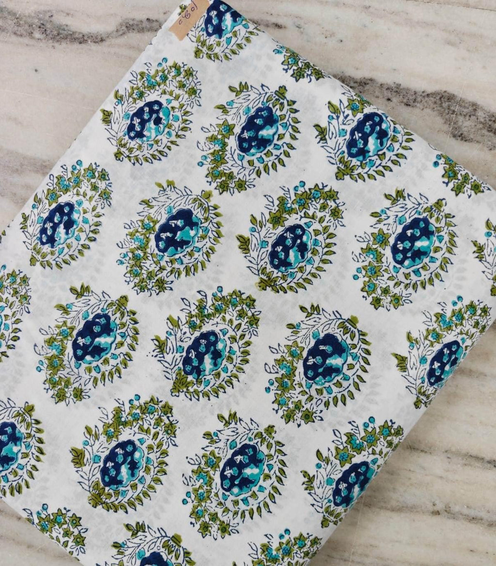 White Blue Green Floral Buta Print Cotton Fabric by the Yard, Indian Hand Block Print Cotton Fabric, Paisley Design Fabric for Dressmaking