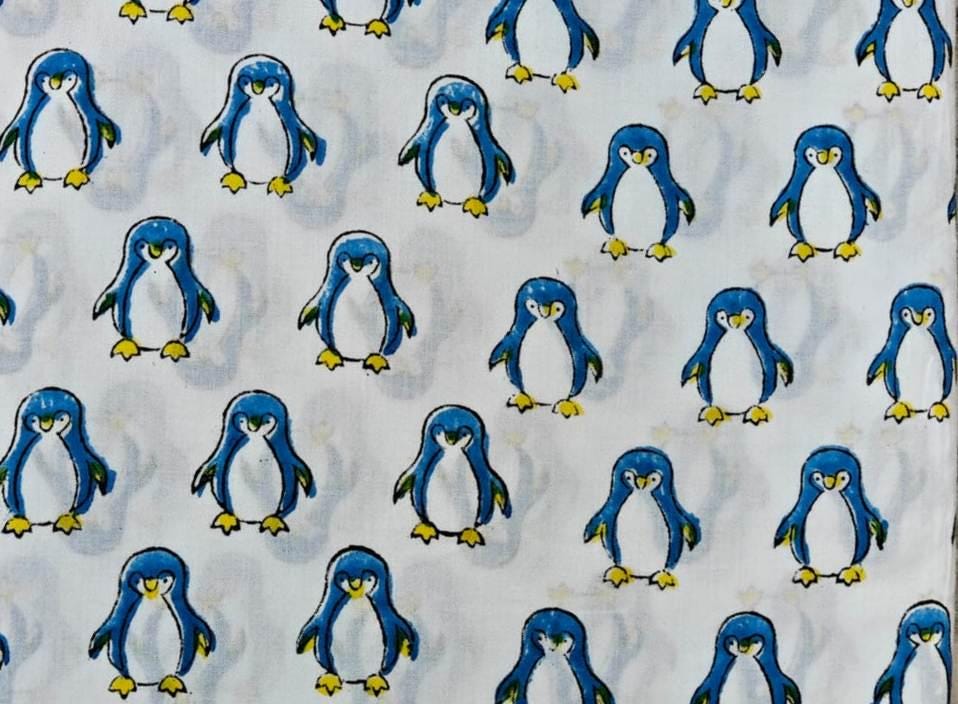 White Blue Penguin Print Cotton Fabric by the Yard, Cute Animal Cotton Fabric, Kids Nursery Fabric, Cartoon Penguin Fabric for Quilting