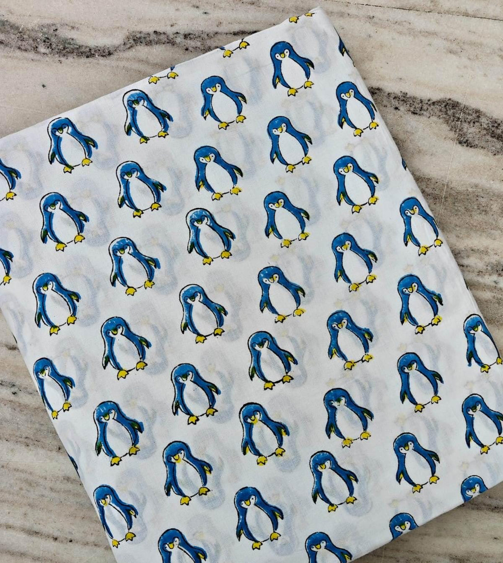 White Blue Penguin Print Cotton Fabric by the Yard, Cute Animal Cotton Fabric, Kids Nursery Fabric, Cartoon Penguin Fabric for Quilting