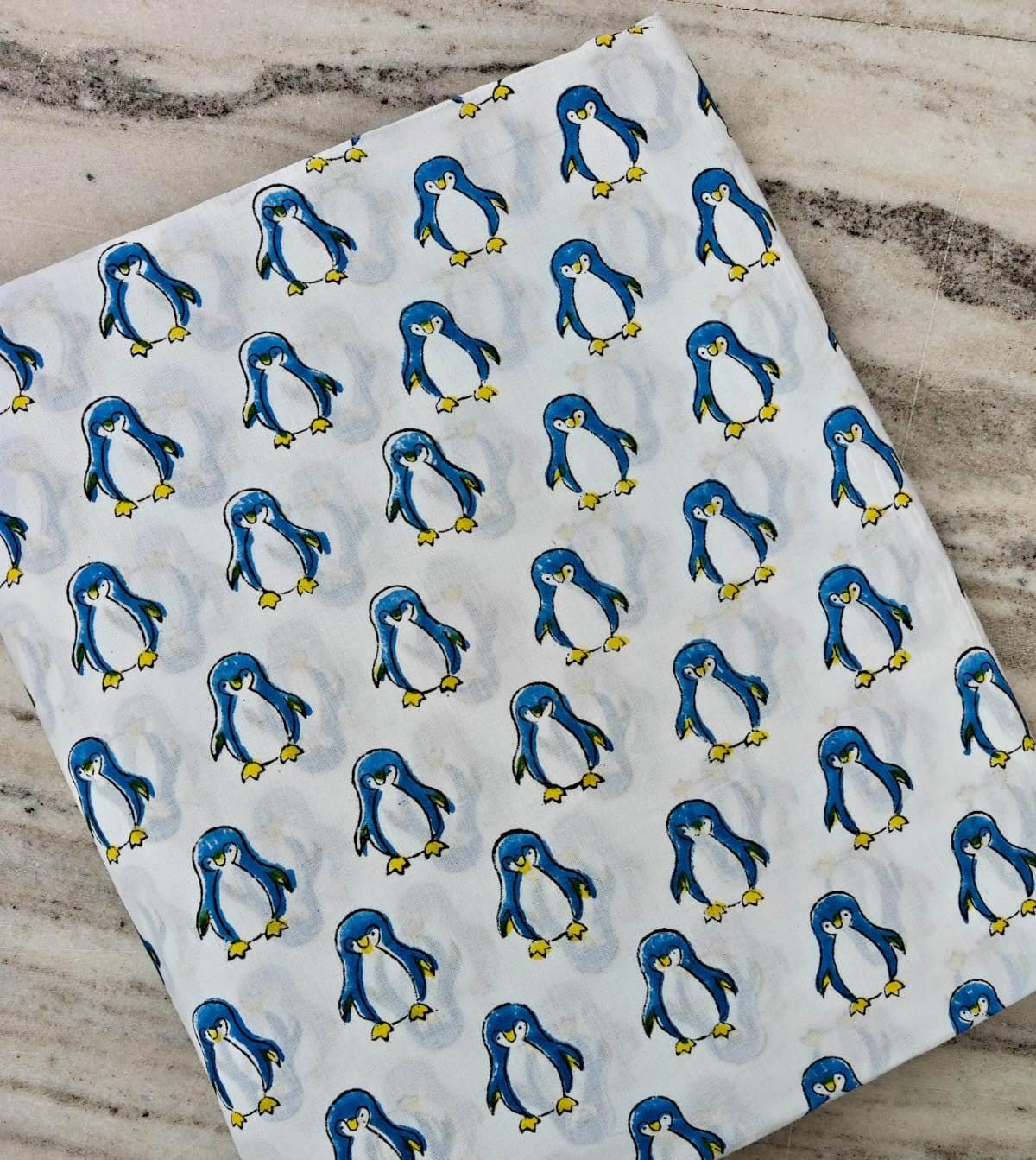 White Blue Penguin Print Cotton Fabric by the Yard, Cute Animal Cotton Fabric, Kids Nursery Fabric, Cartoon Penguin Fabric for Quilting