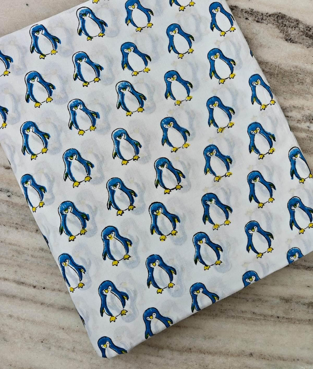 White Blue Penguin Print Cotton Fabric by the Yard, Cute Animal Cotton Fabric, Kids Nursery Fabric, Cartoon Penguin Fabric for Quilting