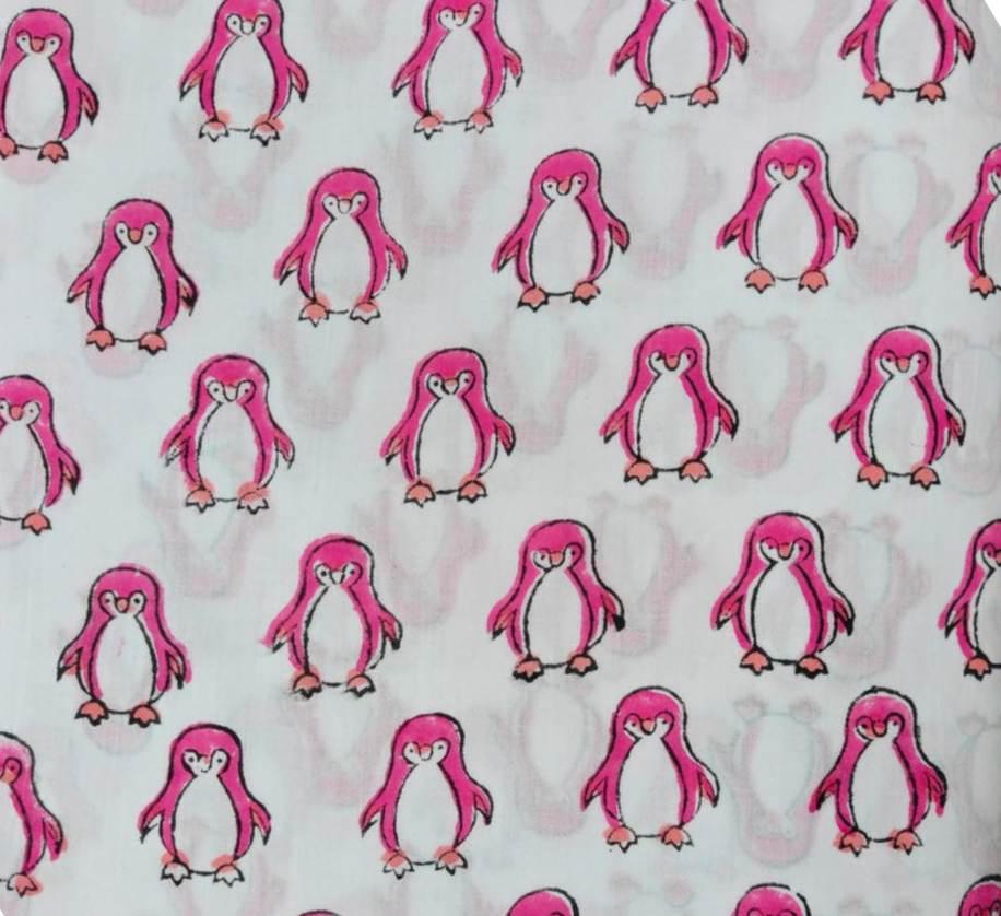 Pink Penguin Cotton Fabric by the Yard | Cute Penguin Print on White Cotton | Animal Pattern Fabric | Quilting Sewing Craft Apparel Fabric