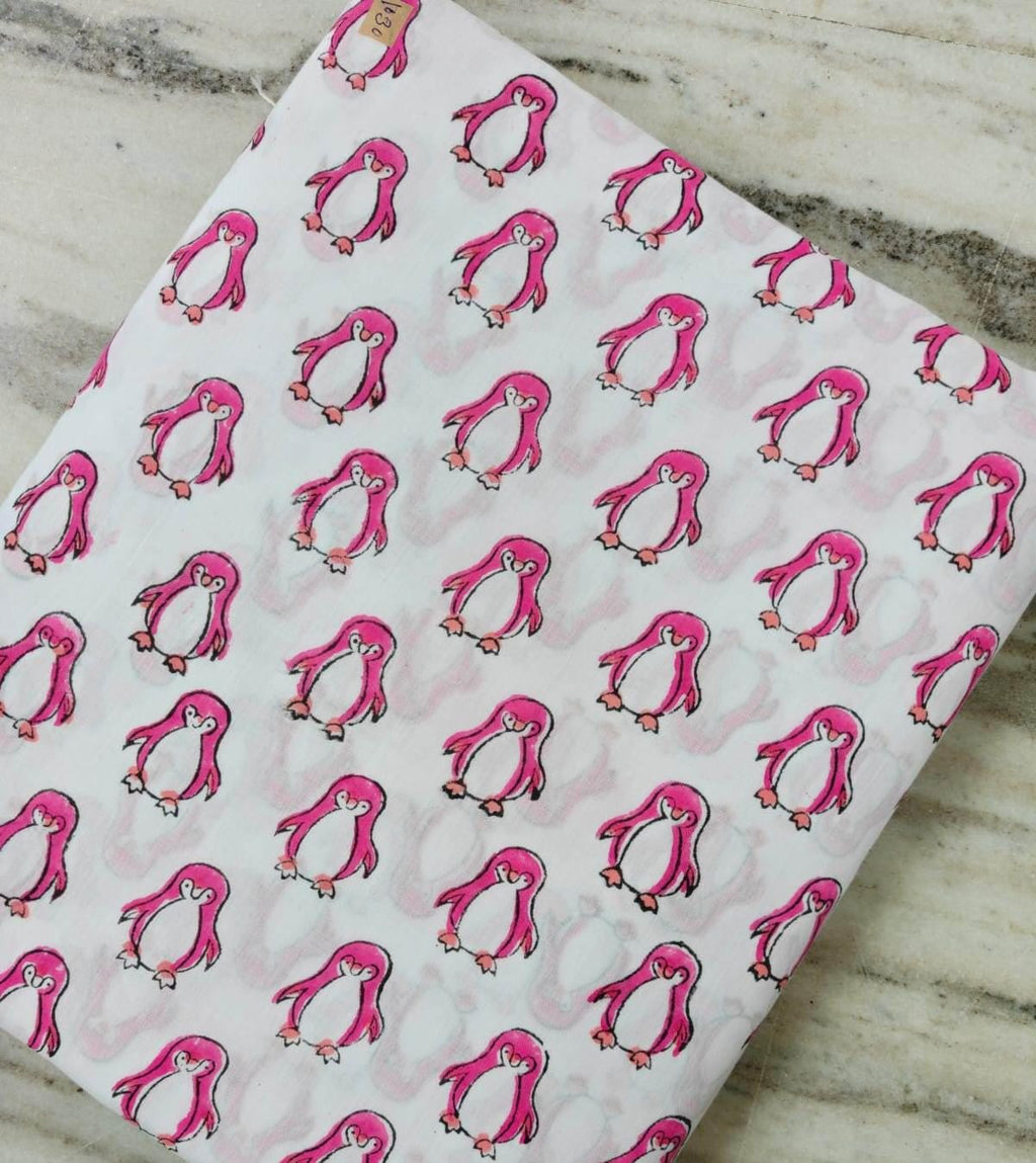 Pink Penguin Cotton Fabric by the Yard | Cute Penguin Print on White Cotton | Animal Pattern Fabric | Quilting Sewing Craft Apparel Fabric