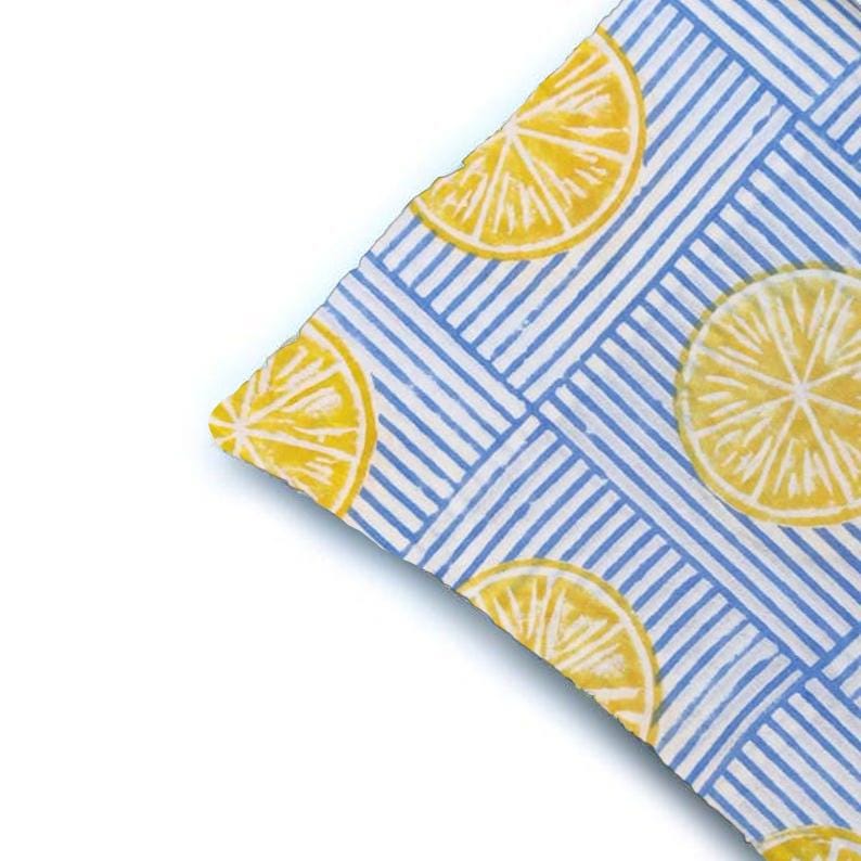 Blue Lemon Slice Cotton Cushion Cover, Yellow Citrus Hand Block Print Pillow Cover, Blue White Striped Throw Pillow, Indian Home Decor