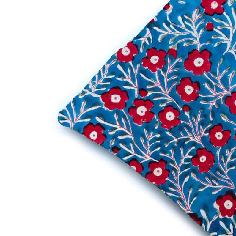 Blue Floral Cotton Cushion Cover Red Flower Hand Block Print Pillow Cover Indian Boho Throw Pillow Decorative Sofa Cushion Farmhouse Decor