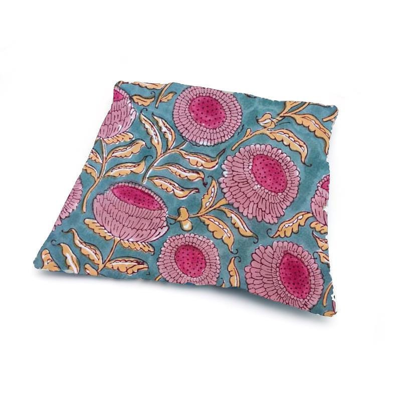 Teal Blue Floral Cushion Cover, Pink Block Print Pillow Cover, Indian Hand Block Cotton Throw Pillow, Boho Home Decor, Accent Cushion Cover