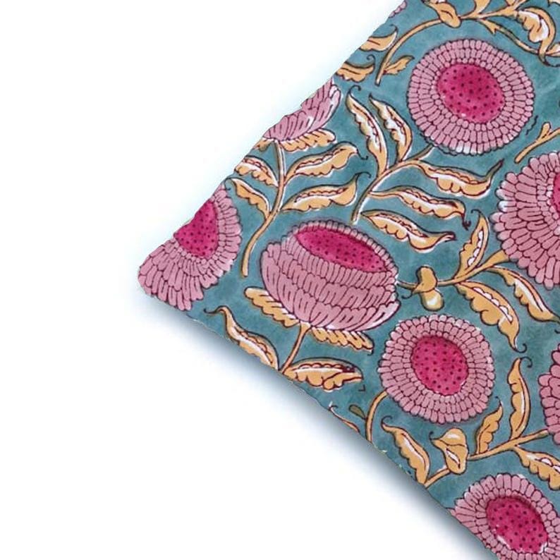 Teal Blue Floral Cushion Cover, Pink Block Print Pillow Cover, Indian Hand Block Cotton Throw Pillow, Boho Home Decor, Accent Cushion Cover