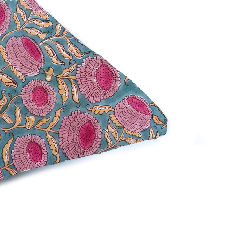Teal Blue Floral Cushion Cover, Pink Block Print Pillow Cover, Indian Hand Block Cotton Throw Pillow, Boho Home Decor, Accent Cushion Cover