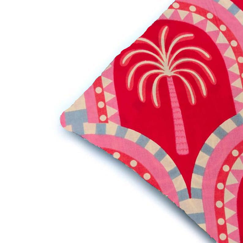 Indian Hand Block Print Cushion Cover, Pink Red Cotton Throw Pillow Cover, Boho Decorative Pillow Case, Palm Tree Cushion Cover, Sofa Decor