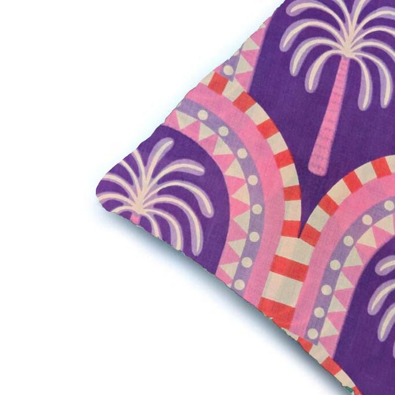 Boho Palm Tree Cushion Cover, Indian Hand Block Print Style Pillow Cover, Purple Pink Cotton Throw Pillow Case, Tropical Home Decor Fabric