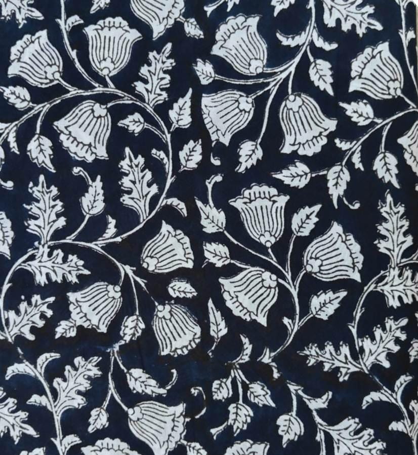 Navy Blue Floral Hand Block Print Cotton Fabric, White Bell Flower Vine Fabric by the Yard, Indian Cotton for Quilting Sewing Decor, Napkins