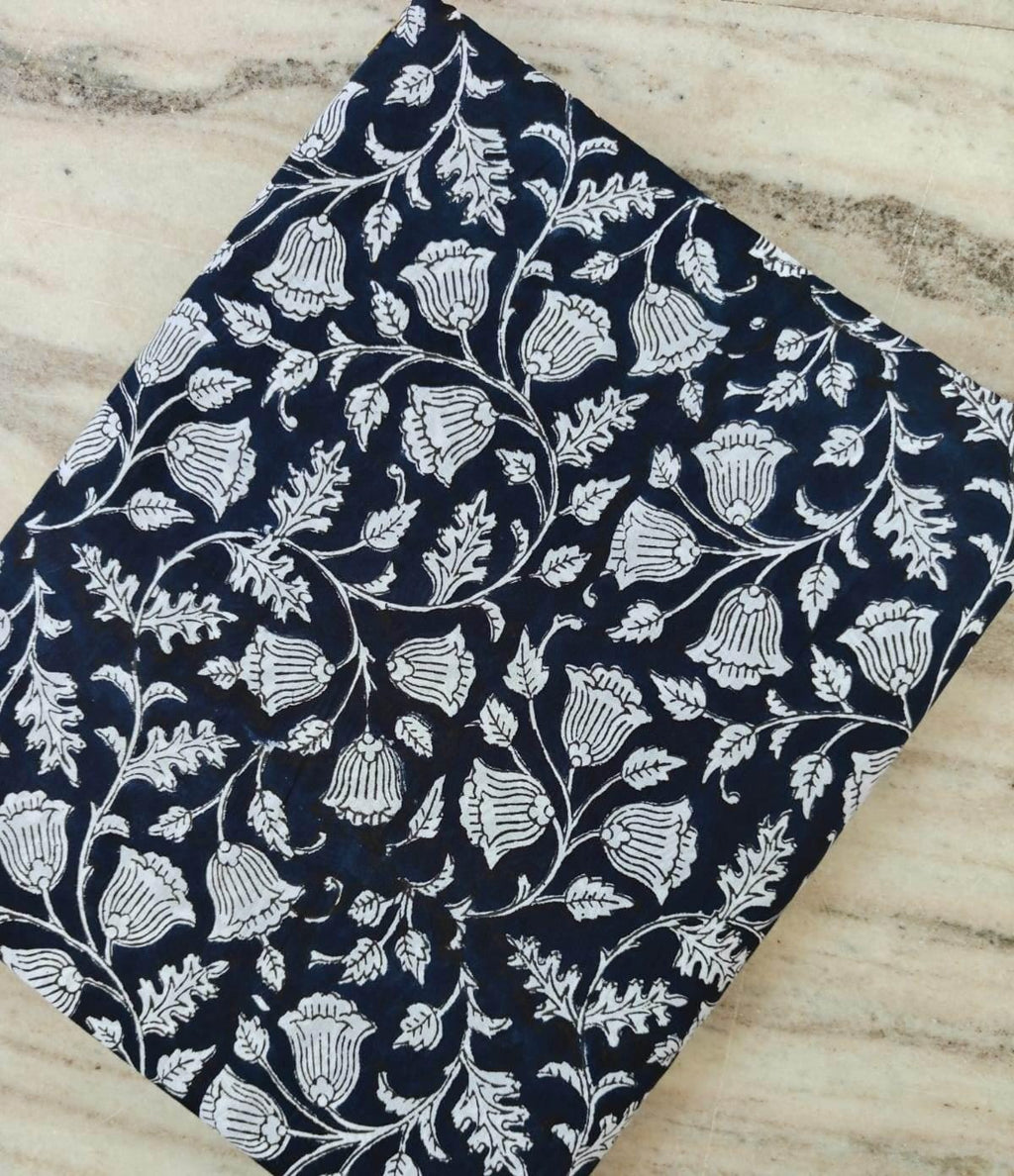 Navy Blue Floral Hand Block Print Cotton Fabric, White Bell Flower Vine Fabric by the Yard, Indian Cotton for Quilting Sewing Decor, Napkins