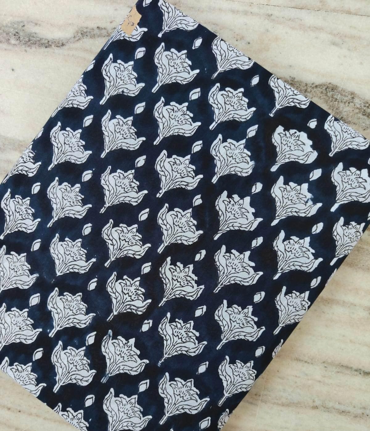 Navy Blue Color Indian Hand Block Print Fabric, Floral 100% Cotton Quilting Fabric By The Yard, Dressmaking Fabric White Tulip Flower Fabric