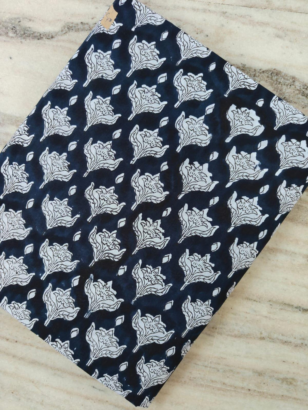 Navy Blue Color Indian Hand Block Print Fabric, Floral 100% Cotton Quilting Fabric By The Yard, Dressmaking Fabric White Tulip Flower Fabric