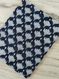 Navy Blue Color Indian Hand Block Print Fabric, Floral 100% Cotton Quilting Fabric By The Yard, Dressmaking Fabric White Tulip Flower Fabric