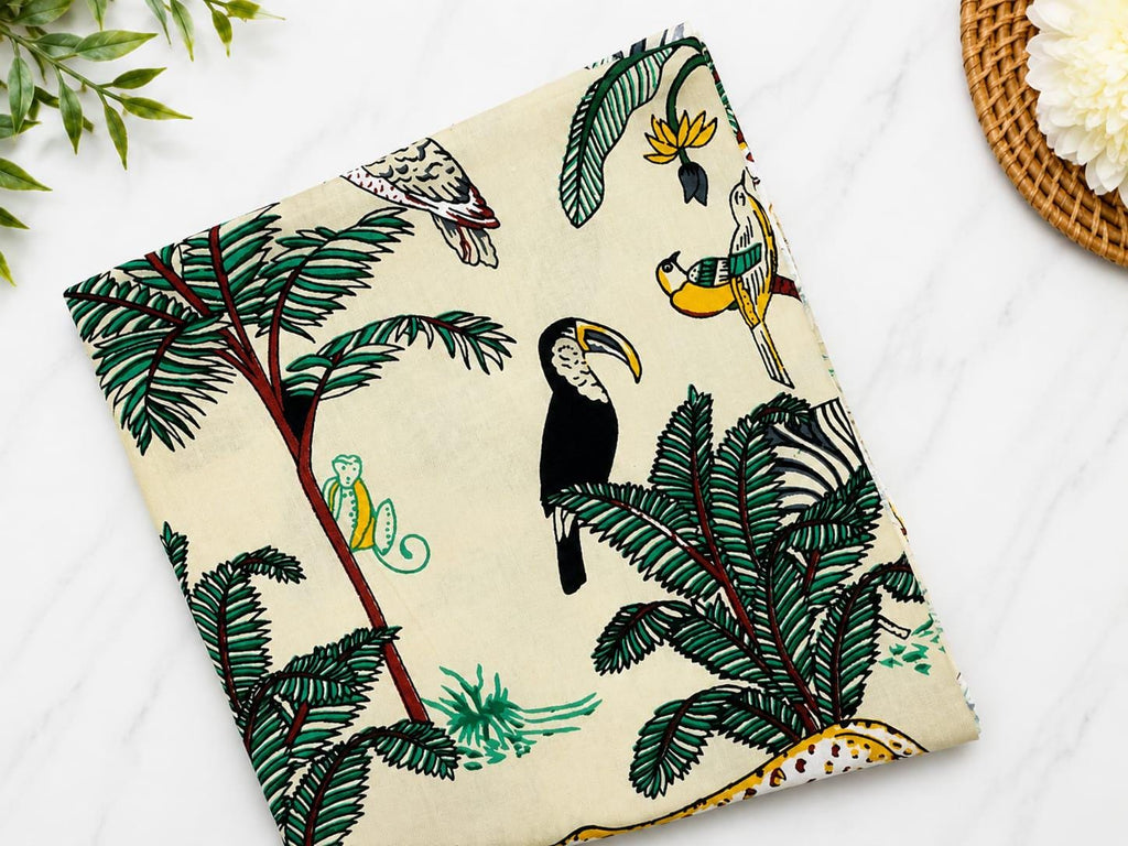 2.80 Yard Safari Animal Cotton Fabric, Jungle Animal Print Fabric, Hand Block Print Cotton, Leopard Toucan Monkey Fabric, Fabric by Yard