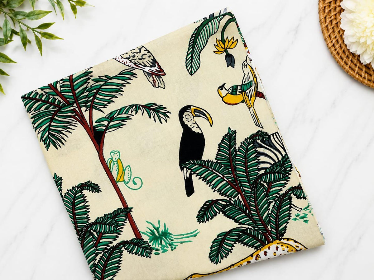 2.80 Yard Safari Animal Cotton Fabric, Jungle Animal Print Fabric, Hand Block Print Cotton, Leopard Toucan Monkey Fabric, Fabric by Yard