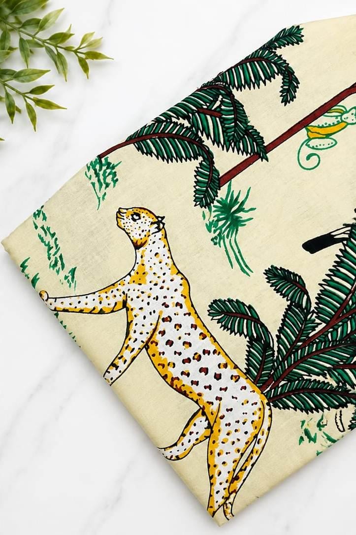 2.80 Yard Safari Animal Cotton Fabric, Jungle Animal Print Fabric, Hand Block Print Cotton, Leopard Toucan Monkey Fabric, Fabric by Yard