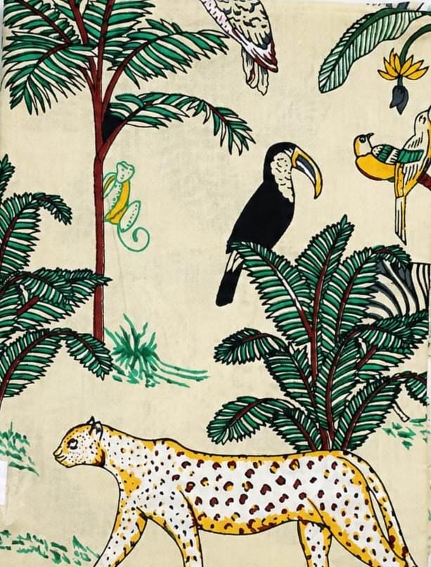 2.80 Yard Safari Animal Cotton Fabric, Jungle Animal Print Fabric, Hand Block Print Cotton, Leopard Toucan Monkey Fabric, Fabric by Yard
