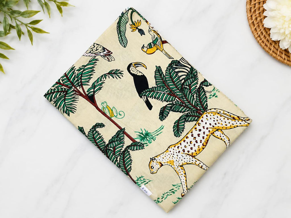 2.80 Yard Safari Animal Cotton Fabric, Jungle Animal Print Fabric, Hand Block Print Cotton, Leopard Toucan Monkey Fabric, Fabric by Yard
