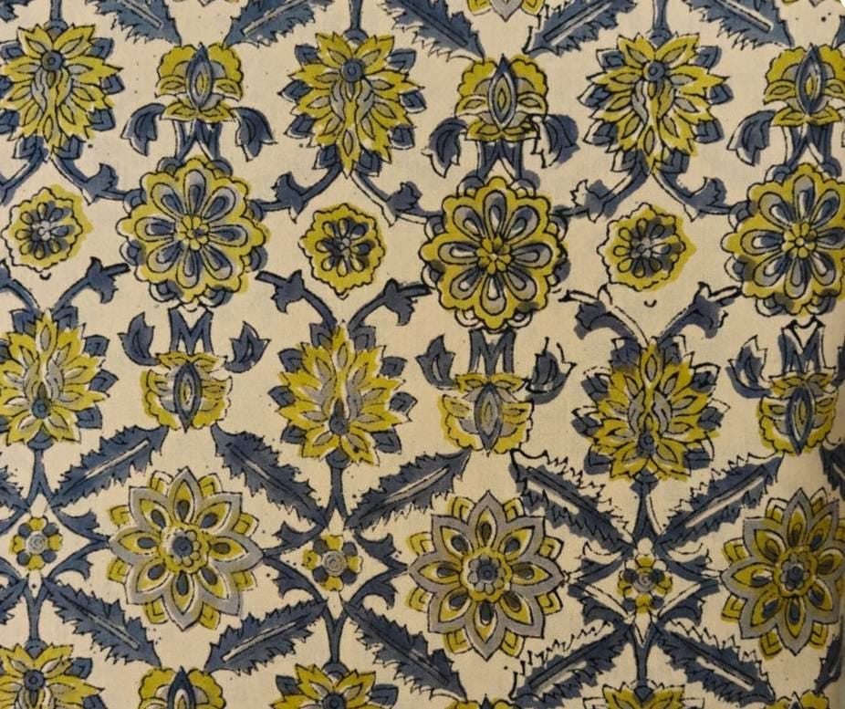Mustard Yellow & Gray Floral Cotton Fabric, Hand Block Print Fabric by the Yard, Indian Botanical Fabric for Quilting, Sewing, Dressmaking