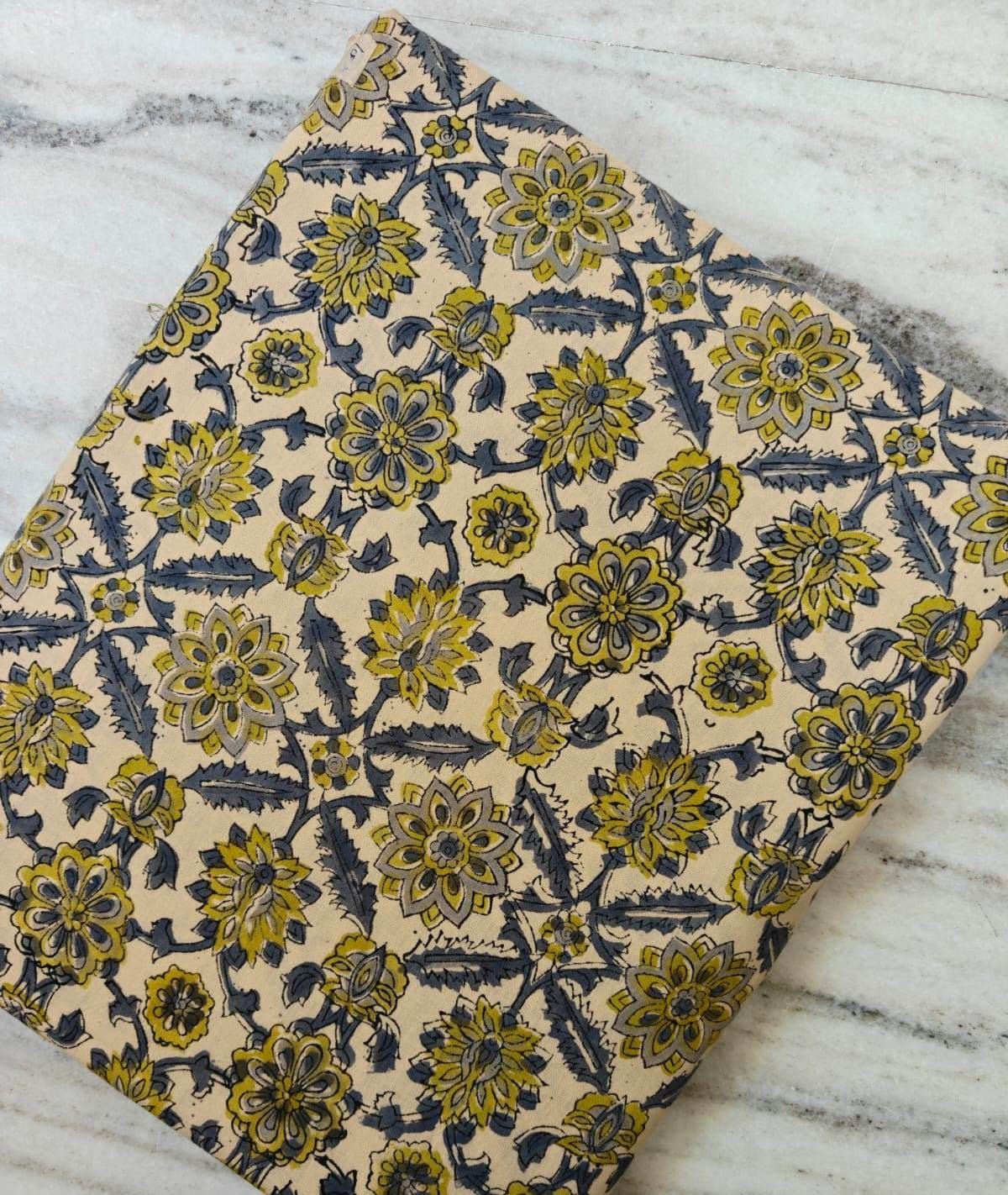 Mustard Yellow & Gray Floral Cotton Fabric, Hand Block Print Fabric by the Yard, Indian Botanical Fabric for Quilting, Sewing, Dressmaking