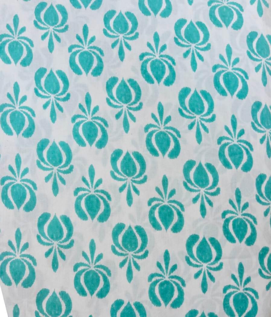 Turquoise Floral Cotton Fabric by the Yard, Hand Block Print Indian Cotton Fabric, Aqua Blue Botanical Fabric for Quilting Sewing, Napkins