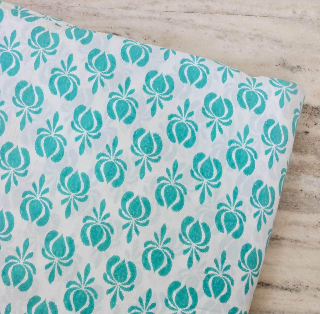 Turquoise Floral Cotton Fabric by the Yard, Hand Block Print Indian Cotton Fabric, Aqua Blue Botanical Fabric for Quilting Sewing, Napkins